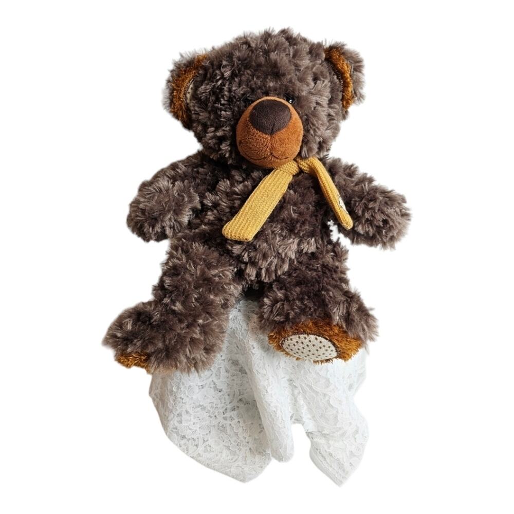 Grayish Brown Plush Bear with Scarf and Patched Ears and Paws 13" Sitting